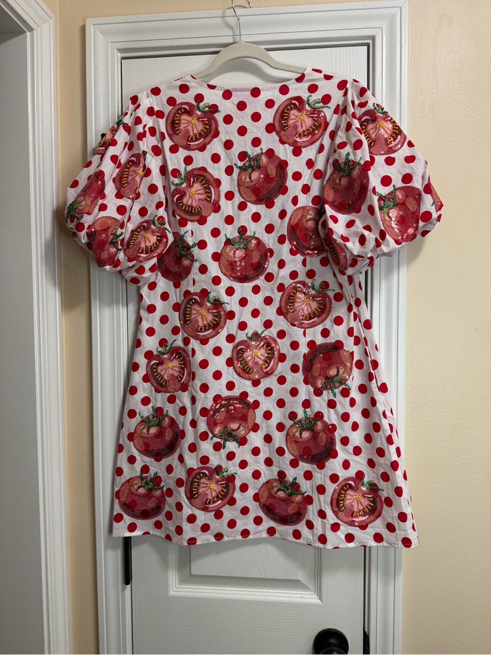QUEEN OF SPARKLES White and Red Polka Dot Dress with Sequin tomato dress - Picture 2 of 3